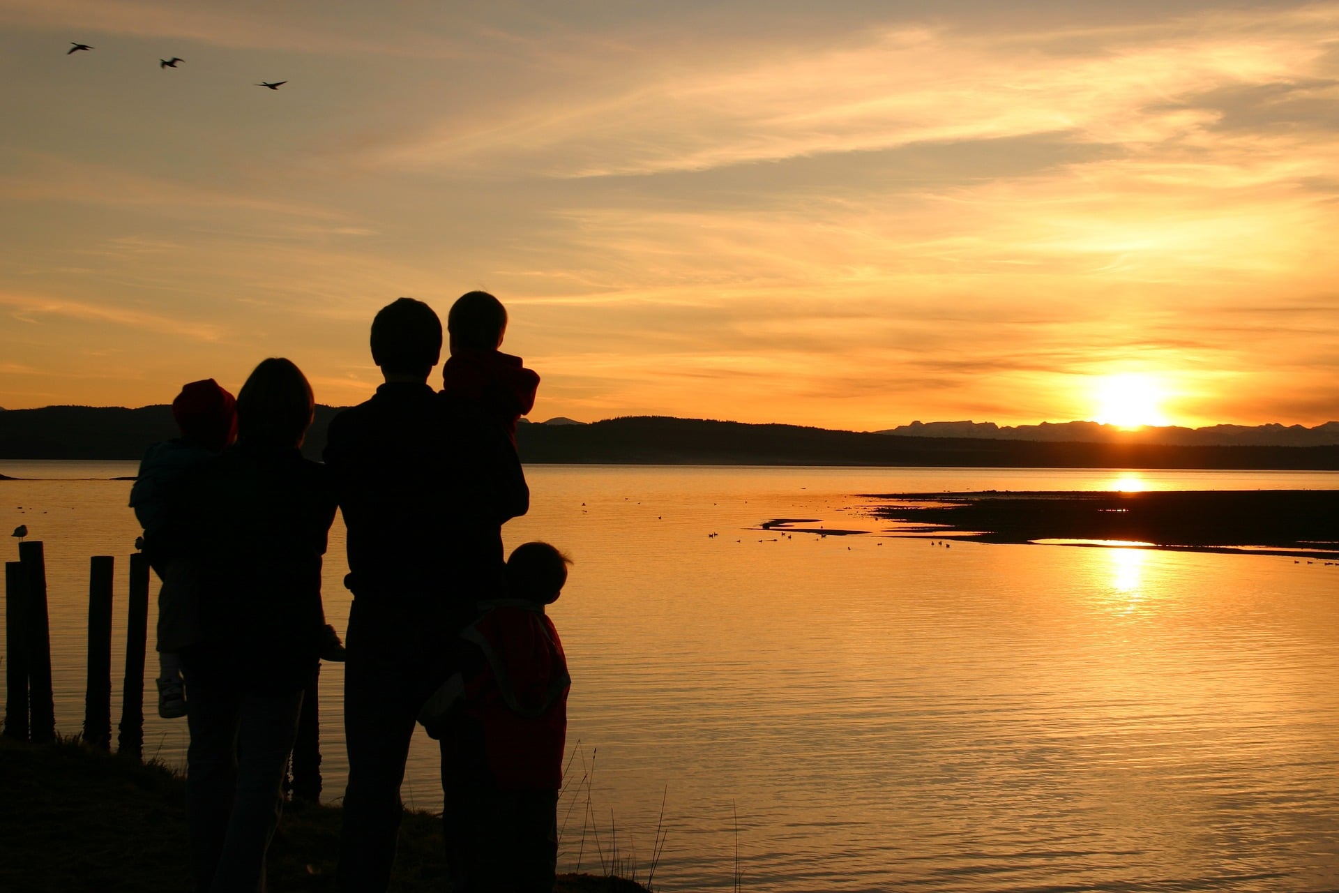family enjoying a sunset